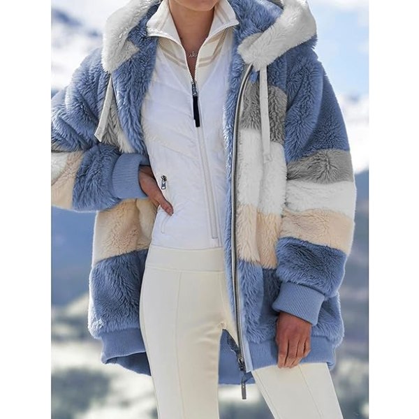 Blå XL storlek Höst/vinter varm plysch patchwork dragkedja lös jacka med luva blue XL
