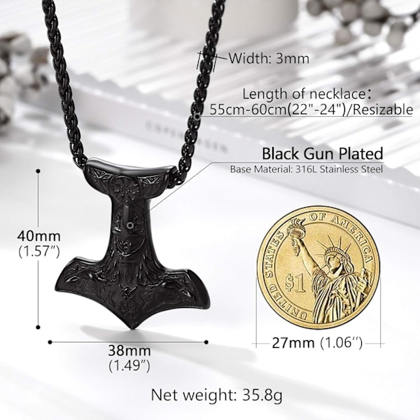 Thorin Mjolnir-vasara riipusriipus, pohjoismainen viikinkikirves piikikettulla, ruostumaton teräs 01. Negro