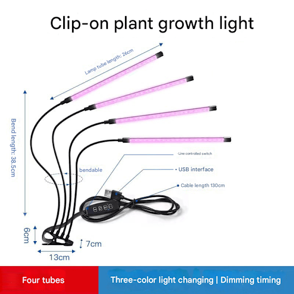 3 färger växtlampa / växtbelysning med flexibel LED-arm, 1-pack, lämplig för växttillväxt. 4 rör 4 tubes