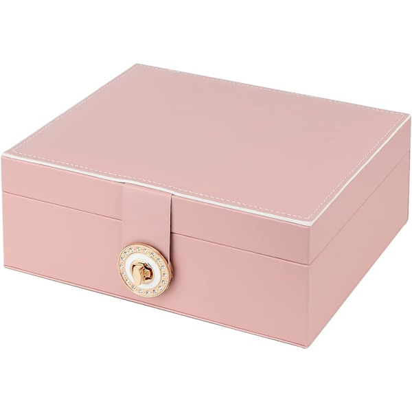 Smyckeskrin förvaring för halsband örhängen armband ringar stor PU-läder med 3 lager stapelbar smyckeskrin stativ rosa Pink