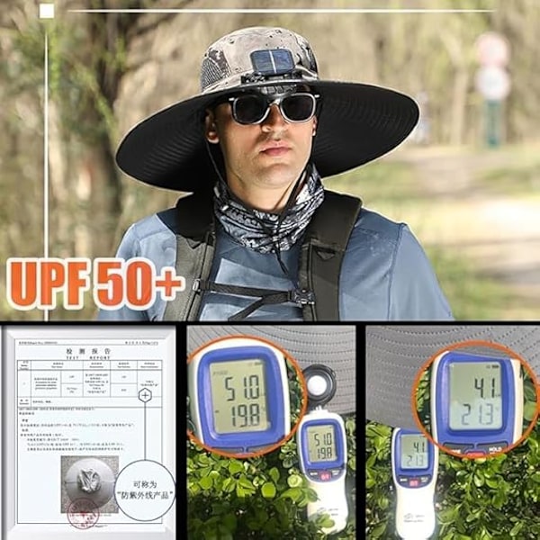 Bredbrättad Solhatt för Utomhusbruk med 2 Solfläktar, Solhatt för Män och Kvinnor UPF 50+, Fiske- & Strandhatt med Inbyggd Fläkt Camouflage Gray
