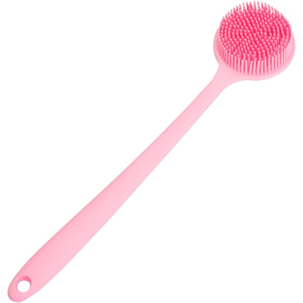 Silikon ryggbørste for dusj, myk badebørste med langt håndtak (rosa) Pink