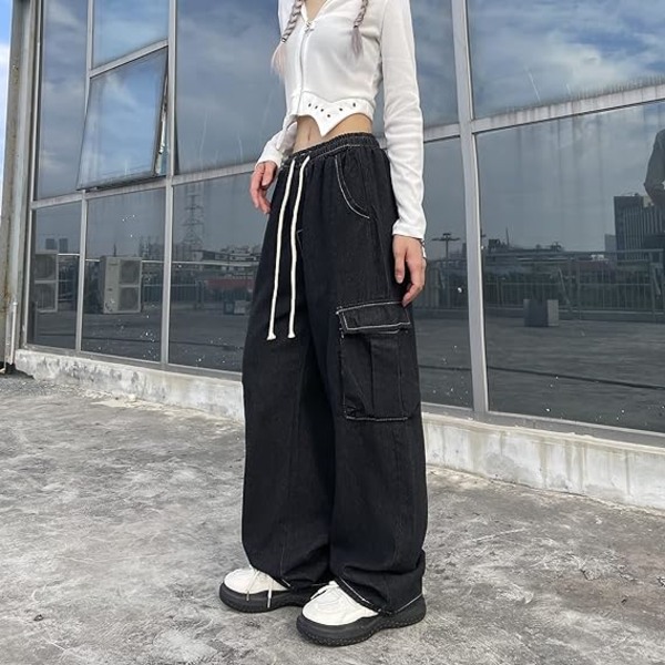 Svarta baggy jeans ficka last arbetsbälte kedja /XL black XL