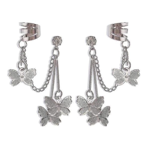 Handmade butterfly tassel zircon earpin chain double earrings