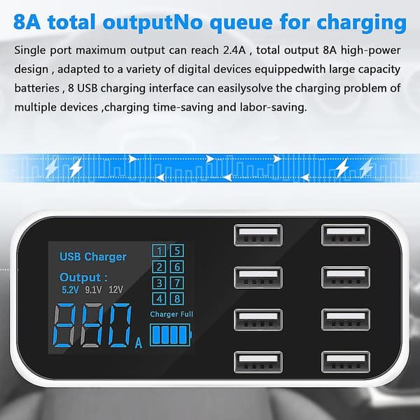 A9s Hurtig Biloplader 8 Port Multi Usb Lcd Display Telefonoplader 12v Batterioplader Usb Hub Til Pho