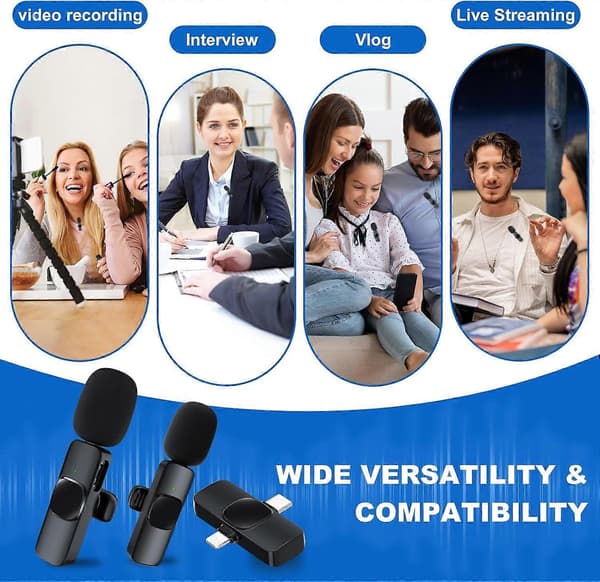 2 kpl langattomia Lavalier-mikrofoneja iPhone/Android-puhelimille, USB C langaton Lav