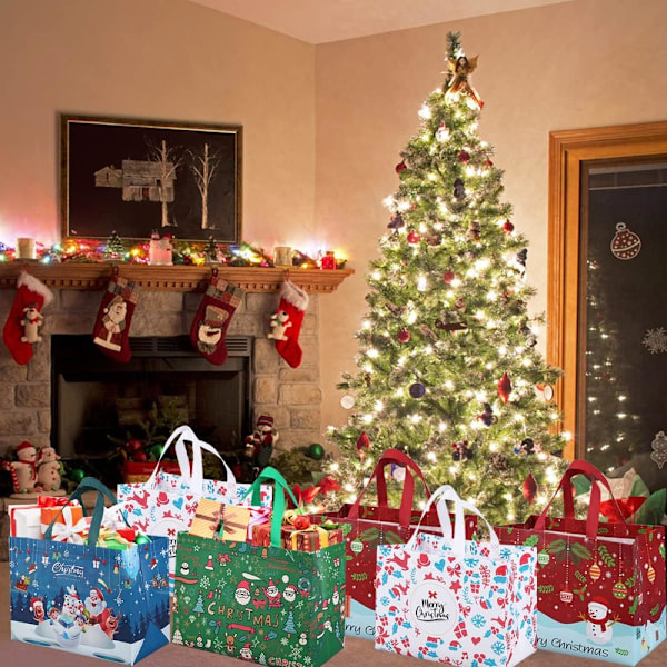 12-pakke gjenbrukbare julegaveposer, totebag med håndtak, gavepose, handlepose for juleferiefest