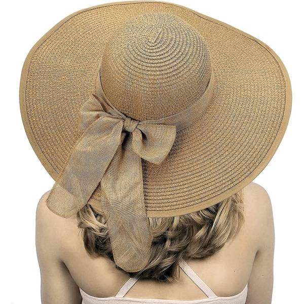 Dam bred solhatt i halm med bred brätte, hopfällbar solhatt för sommaren, UV-skydd, strandhatt C1 f Khaki C1 f Khaki C1 f khaki