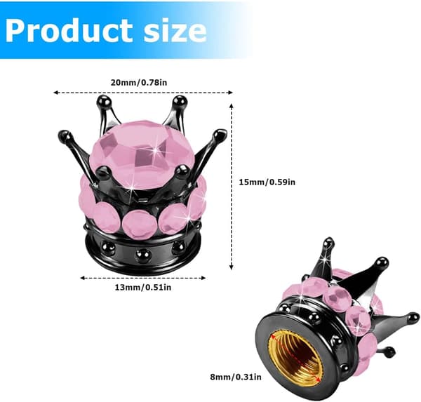 Deksel for dekkventiler, 4 stk. håndlagde bling-rhinsteinstempler for bilventiler, støvtette dekkventilhetter Black/Pink