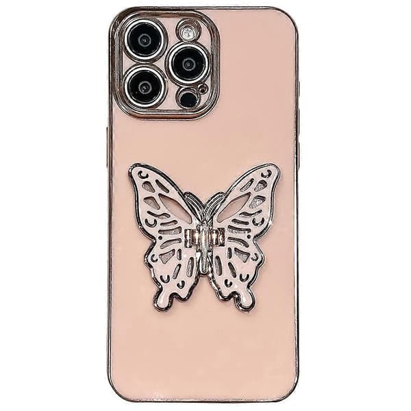 For iPhone 16 Pro Max Cover med sommerfuglestøttefod, TPU, galvaniseret - Pink