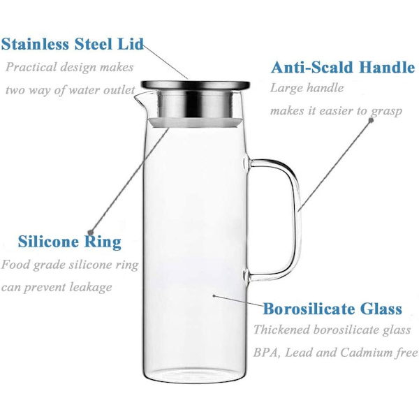 Borosilikatglas Vandkande Saftkande Karaffel med låg Børste til varmt/koldt vand Iste 1500ml