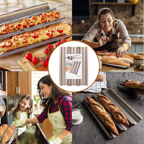Baguetteformar för bakning, kolstål 3 brödformar, nonstick baguettebakplåt för perforerad fransk brödform