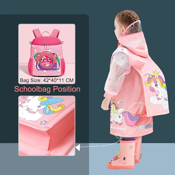 Barnerengenser Regnponcho Jenter Gutter Regnjakke Vanntett Poncho Småbarn Tegneserie Regnklær Gjenbrukbar med Bærbar Veske S-4XL Størrelse Pink S / 1-2 Years