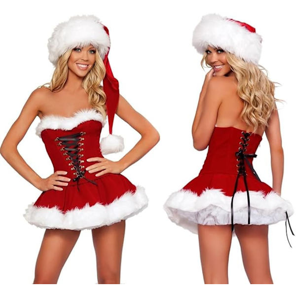 Damklänning i en storlek, jultomtedräkt, lyxig sammet, fru Santa-kostym, cosplay-outfit med tomteluva för flickor