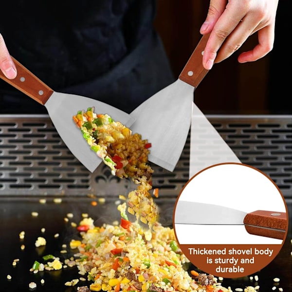 2 stk. stekeskrape i rustfritt stål, stekespade for støpejern treskaft skråkant grillspaker for matservering/matlaging/rengjøring, ideell