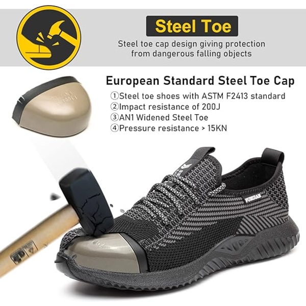 Steel Toe Shoes Bekväma skyddsskor för män Halkfria Steel Toe Sneakers Arbetsskor för män (42) black 39 cm