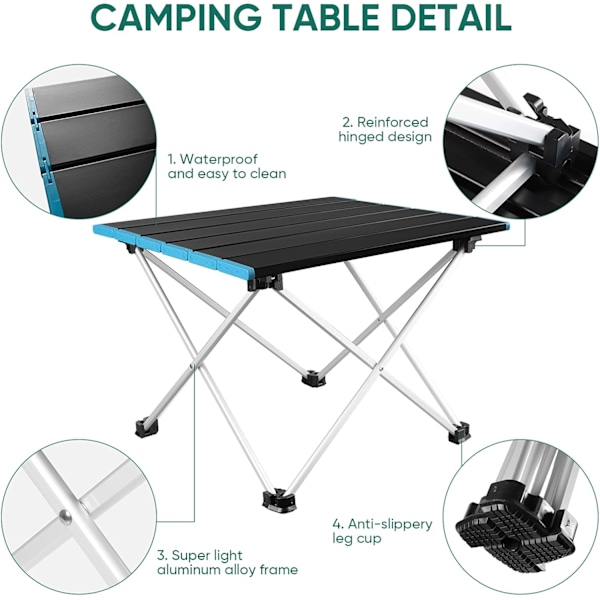 Bærbar campingbord, letvægts foldebord med aluminiumsbord og bæretaske, nem at bære, til udendørs, picnic, køkken, strand, fiskeri