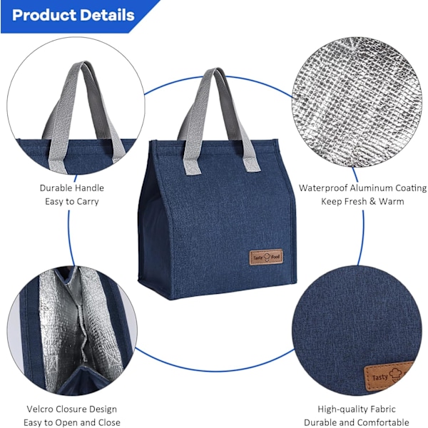 Lämpöruokakassi, lounaskassi, uudelleenkäytettävä lounaskassi, lämpökassi työhön, kouluun, matkoille, retkille Navy blue