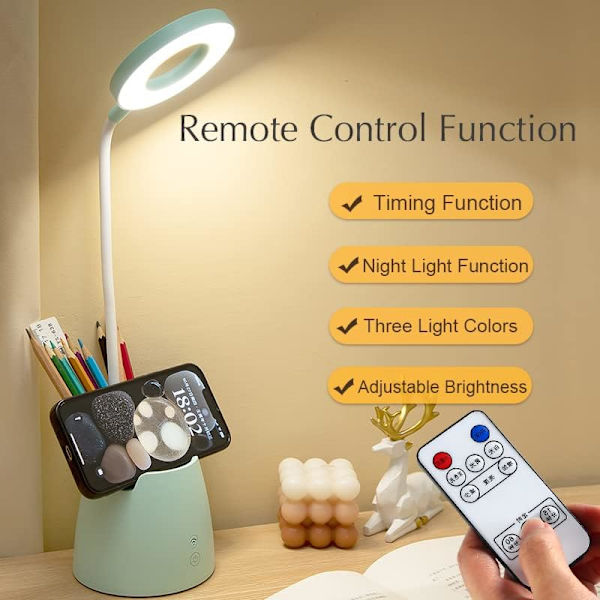 Taitettava LED-pöytälamppu kynätelineellä, kaukosäätimellä ja ajastimella silmien suojaamiseksi Verde Versión de control remoto