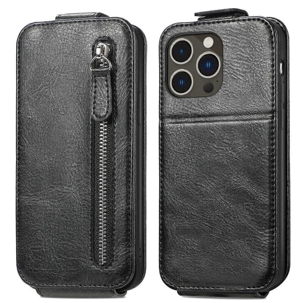 Læder telefoncover med lynlås, pung og vertikalt flip til iPhone 14 Pro Max