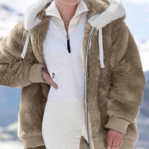 Huva jacka dam teddy fleece kappa övergångsjacka med huva med fickor dragkedja höst vinter plysch jacka fleece jacka vinter XXL D Khaki