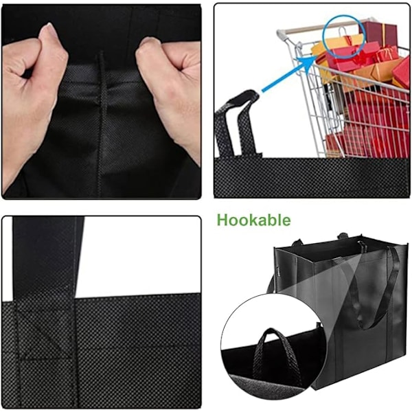 2 Stykker Sorte Genanvendelige Indkøbsposer, 38 x 33,5 x 25,5 cm, med Lille Krog, Velegnet til Indkøb, Picnic, Rejser, Strand, DIY, Reklame, Event black
