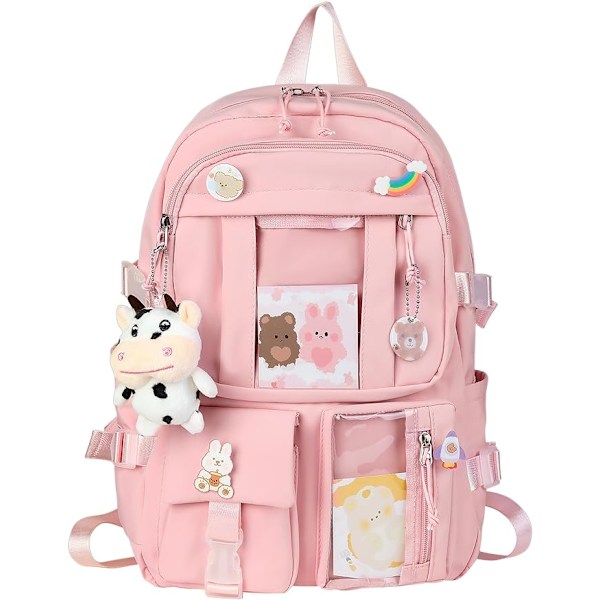 Kawaii rygsæk med søde pin-tilbehør, Kawaii plysvedhæng og tegneseriekort pink