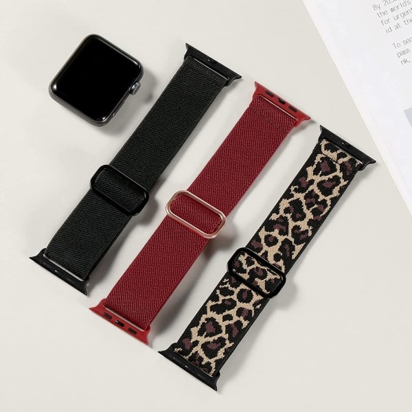 Strækbare Nylon Solo Loop-bånd Kompatibel med Apple Watch Sort/Vin/Leopard 38mm/40mm/41mm Black/Wine/Leopard 38mm/40mm/41mm