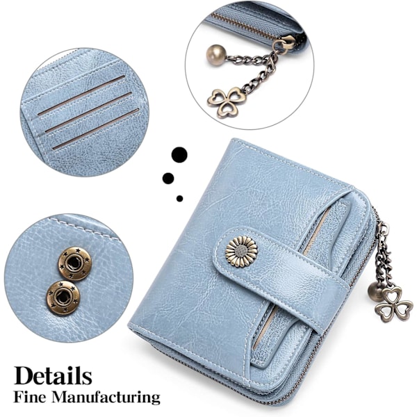Plånböcker för kvinnor Äkta läder Liten Bifold Kompakt Damplånbok med RFID-skydd Light Blue