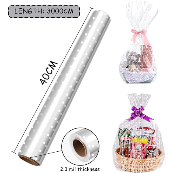 Selluloosinen käärepaperirulla, leveys 40 cm, pituus 30 m, elintarviketurvallinen läpinäkyvä muovikelmu (valkoinen piste)