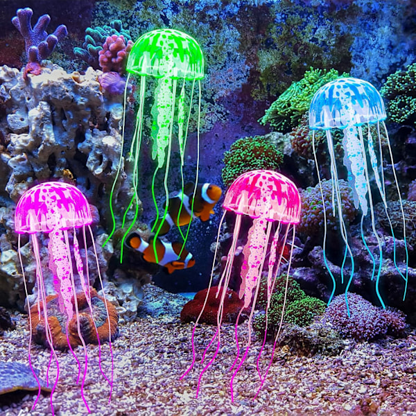 4 Pieces Luminous Jellyfish Fish Tank Decorations Set, Simulation Silicone Aquatic Life for Aquarium Fish Tank Luminous Decorations