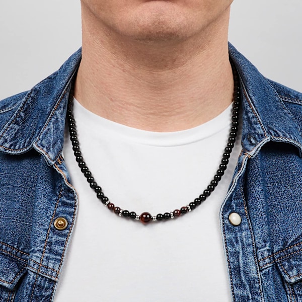 Herrearmbånd med perler | Herrearmbånd med perler | Halskæde med helbredende krystaller af ædelsten Ojo de tigre negro/rojo