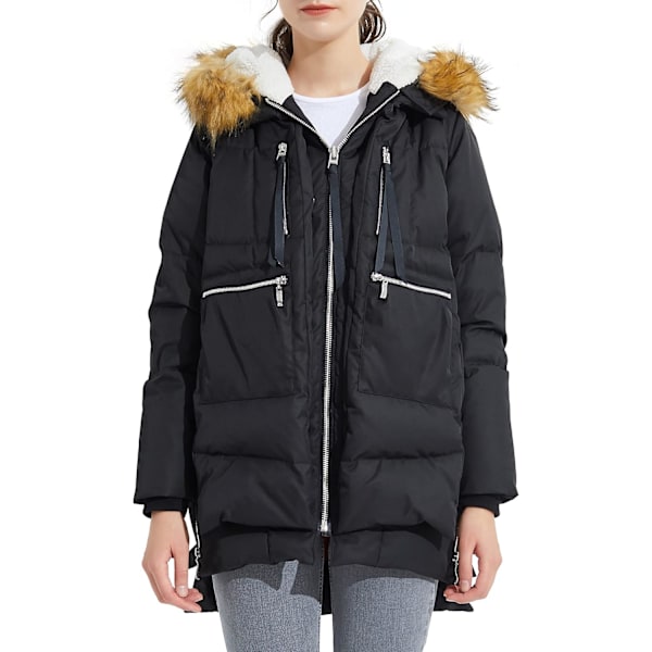 Kvinners tykkere dunjakke Parka hette lang pufferjakke for vinter S Black+Fur Trim