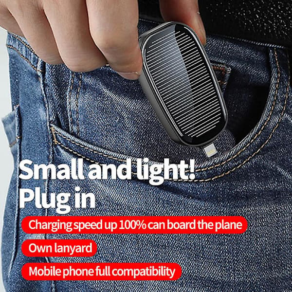 Mini solcelleoplader nøglering powerbank til mobiltelefon 1200mA Sort: Til Lightning Black: For Lightning