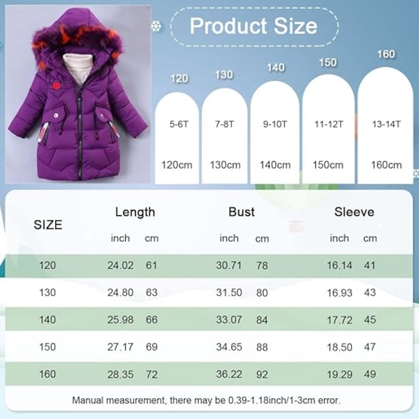 Lila barndunjacka med tjock varm kappa 150cm purple 150CM