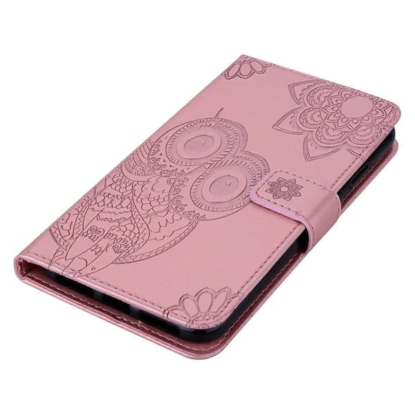 Fodral till Samsung Galaxy S25 Uggla Blomma Präglat Läderplånboksfodral med Rem - Roséguld