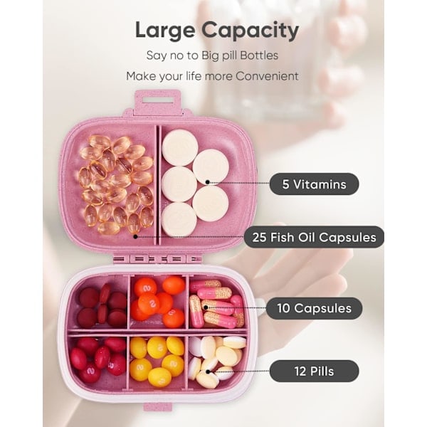 Portabel pillerask med 8 fack, daglig pillerbox för förvaring av vitaminer, liten pillerbehållare för ficka handväska medicinorganisatör rosa pink