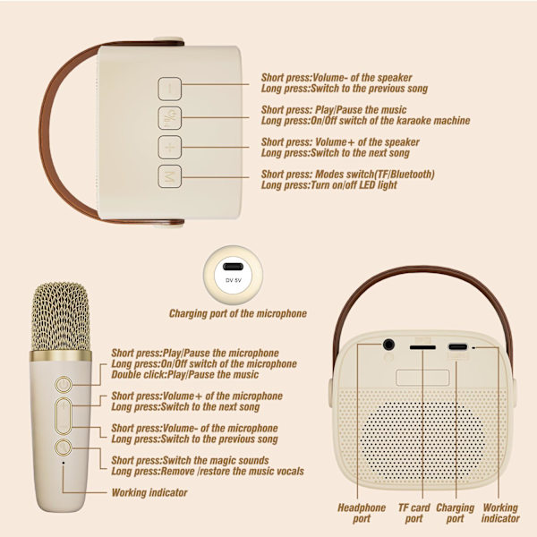 Karaoke-maskin for barn med 2 trådløse mikrofoner, bærbar Bluetooth-høyttaler, gaveleker til jenter og gutter bursdag Beige 1 Mic