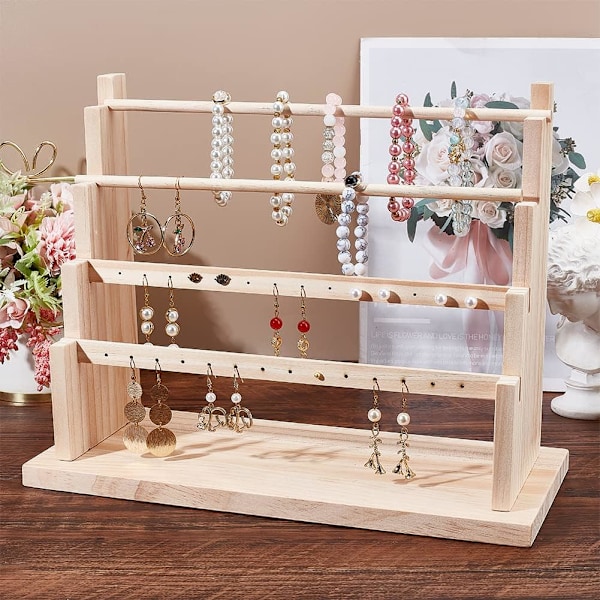 4-lags Øreringe Display Stand i Træ, 28 Huller Træ Øreringe Smykke Display Rack Smykke Organizer Holder Riser til Øreringe Halskæde Armbånd Nøglering