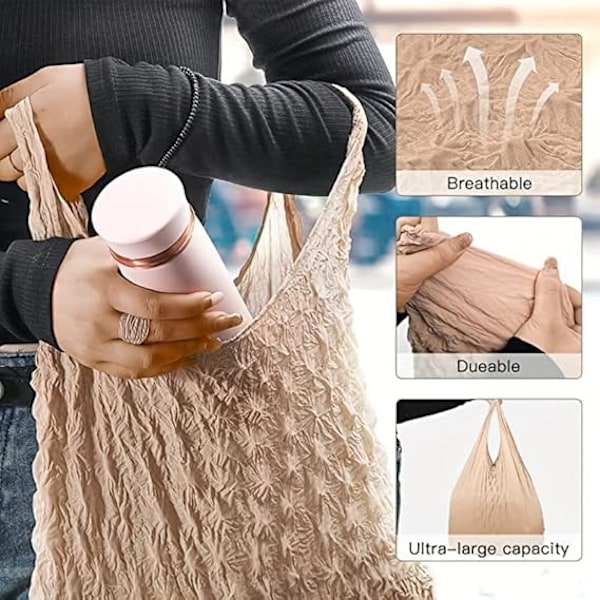 Magisk Stretch Bag Plissert Bag, Gjenbrukbare Bæreposer Vaskbare Bærbare Store Kapasitet Handleposer Multifunksjonell Tote Bag Handleposer Brown