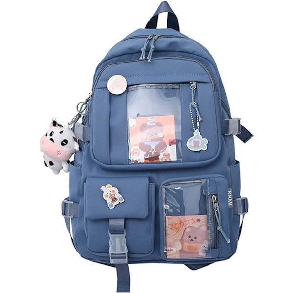 Kawaii-ryggsäck med hänge, stor kapacitet söt björn accessoarer ryggsäck för skolan Multi Pocket Rucksack för tonårsflickor Söta Kawaii-ryggsäckar Blue