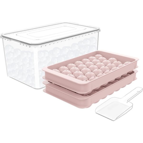 Isbitsbricka för kylskåp med lock och låda, rund isbitsform med behållare, liten rund isbitsbricka för att göra sfäriska isbitar pink