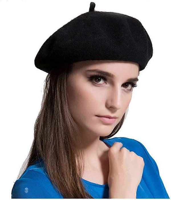 Uld Sort Baret Hat - Fransk Baret - Ensfarvet Baret Hue til Kvinder Piger