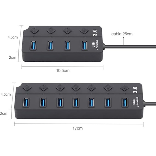 USB 3.0 Hub med bryter, LED og strømadapter