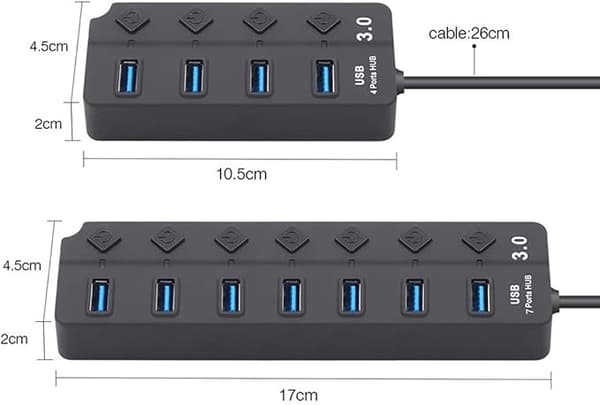 USB 3.0 Hub med Switch LED Strømadapter