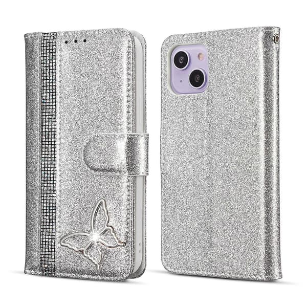 Glitter Puder Fjäril Läder Telefonfodral För iPhone 15 Plus