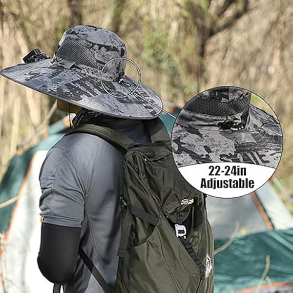 Bredbrättad Solhatt för Utomhusbruk med 2 Solfläktar, Solhatt för Män och Kvinnor UPF 50+, Fiske- & Strandhatt med Inbyggd Fläkt Dark Gray