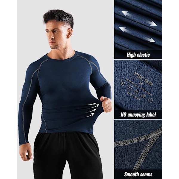 Pakke af Langærmede Løbetoppe til Mænd, Base Layer Kompressions Top T-Shirts, Hurtigtørrende Fugttransporterende Gym Atletisk Træning Workout Tee Shirts XL Black+blue