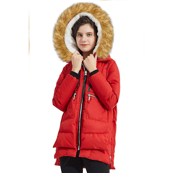 Kvinnors tjockade dunjacka Parka med huva Lång pufferjacka för vintern XXL Red+Fur Trim