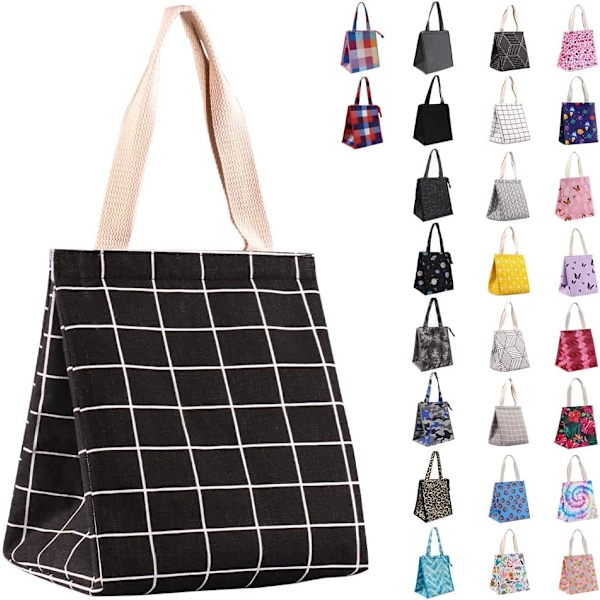 9L Robust Bred Åben Foldbar & Bærbar Madtaske med Indvendige Lommer, Vandafvisende Termisk Køletaske (Sortternet) Black
